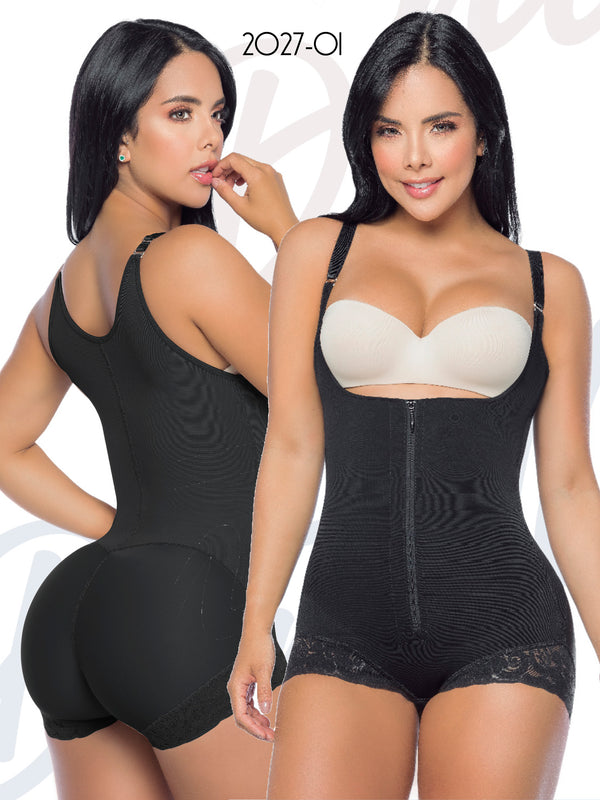Boyshort body shaper, open bust, high back coverage whit adjustable straps, front zipper, and a siliconized lace on thigh to prevent rolling