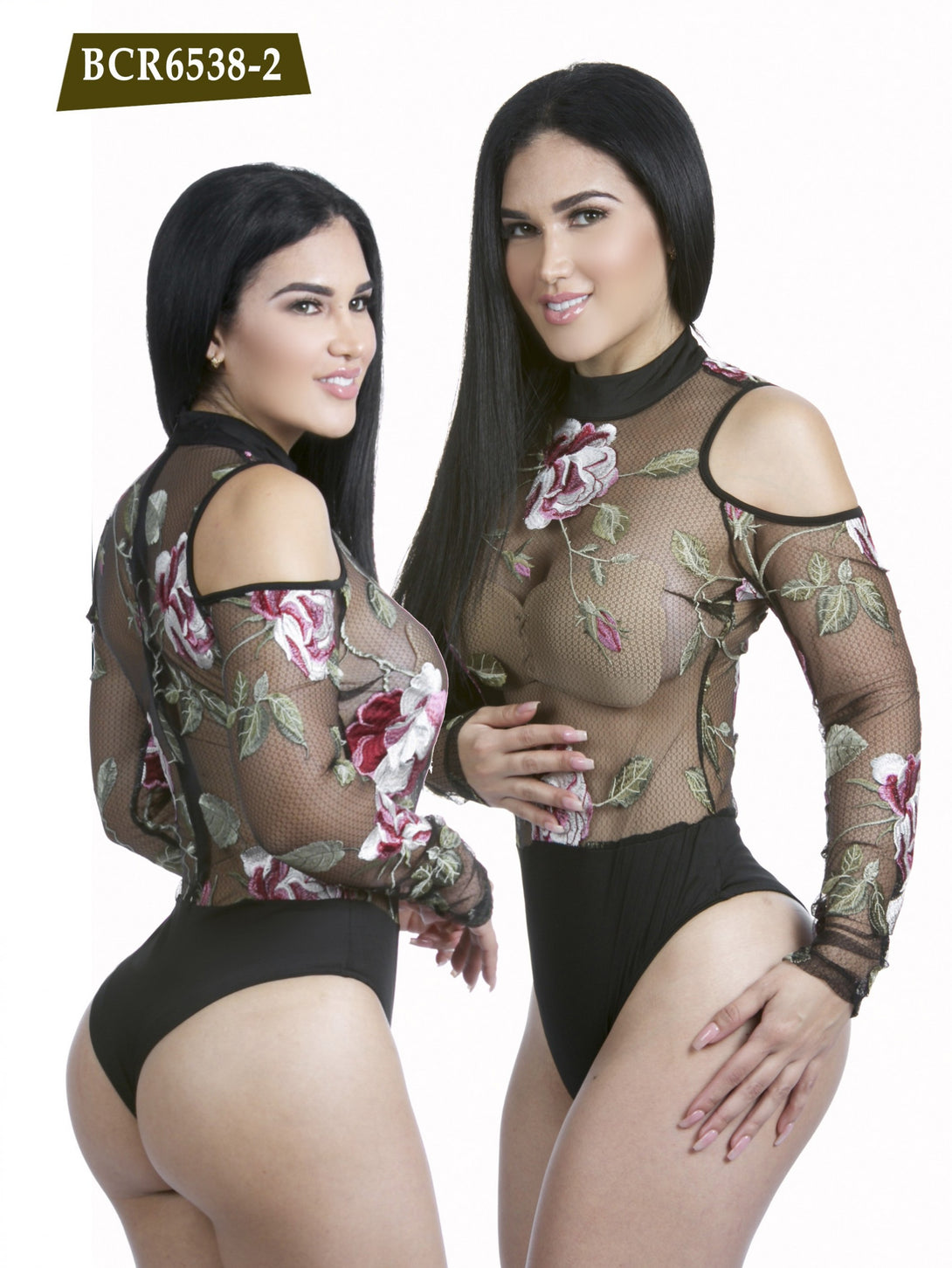 Colombian Sexy BodySuit with Flowers Black Color Azulle Fashion